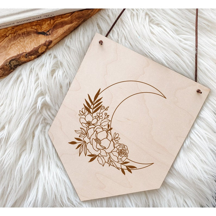 Floral Moon | Engraved Wood Banner