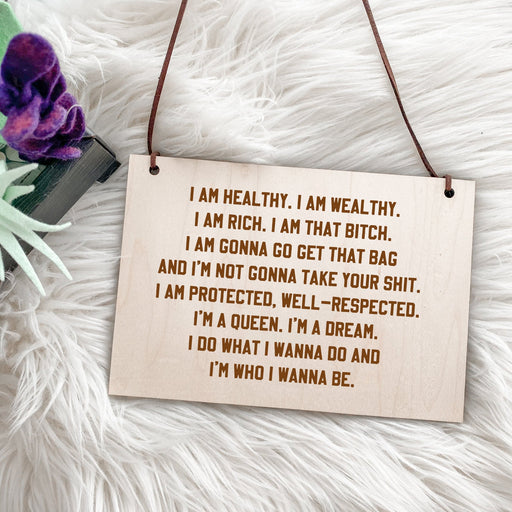 I am Healthy I Am Wealthy Engraved Sign, Manifesting Sign, Boho Sign, Boho Wall Art, Celestial Decor, Boho Decor, Witchy Decor, Crystal Art